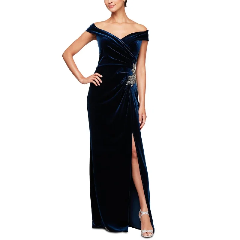 pleated dressAlex Evenings Womens Petites Velvet Embroidered Evening Dress