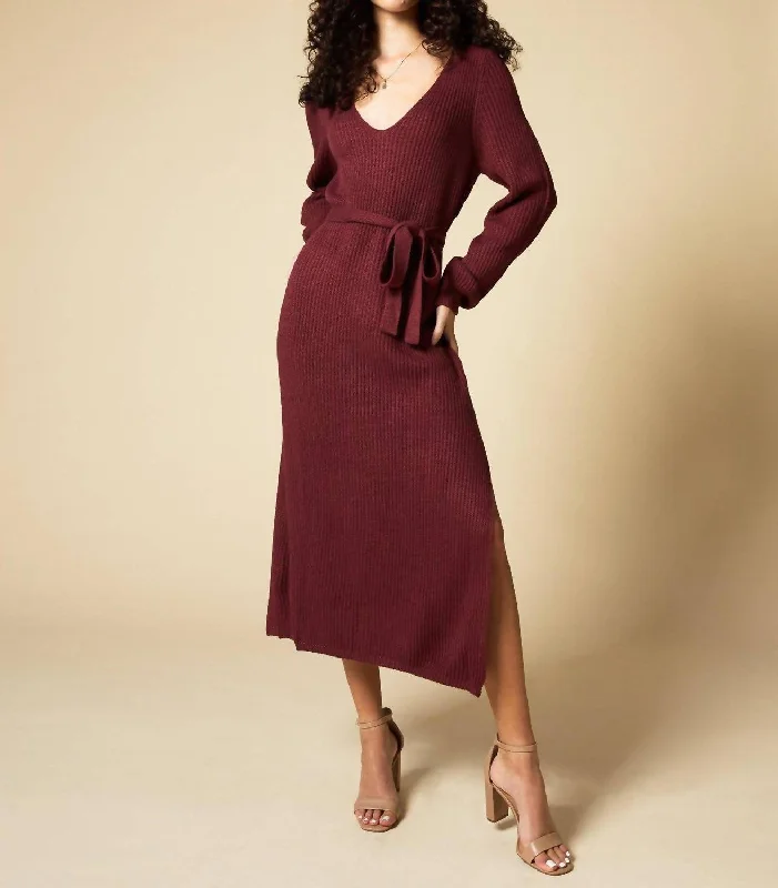 wrap-around dressBordo Belted Sweater Dress In Burgundy