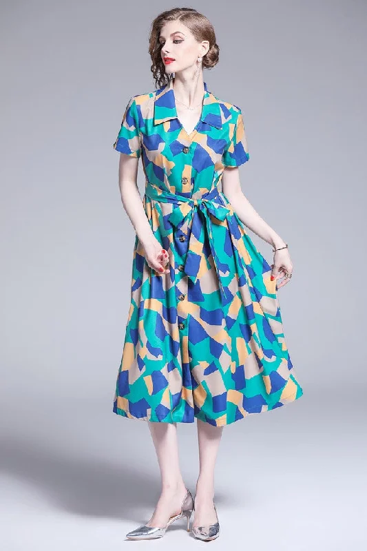 off-the-shoulder dressGreen Day A-line Shirt Colar Short Sleeve Below Knee Printed Dress with Belt