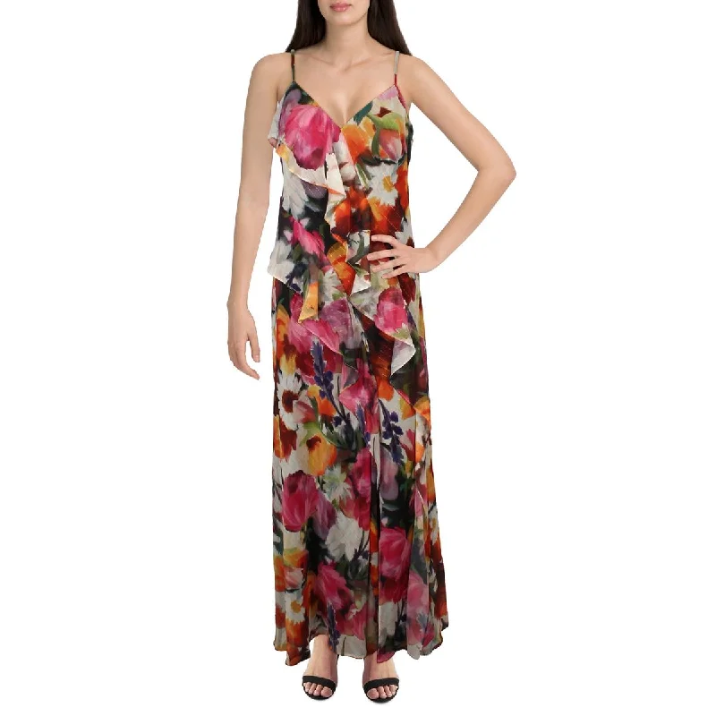 backless dressBetsy & Adam Womens Petites Ruffled Floral Print Evening Dress