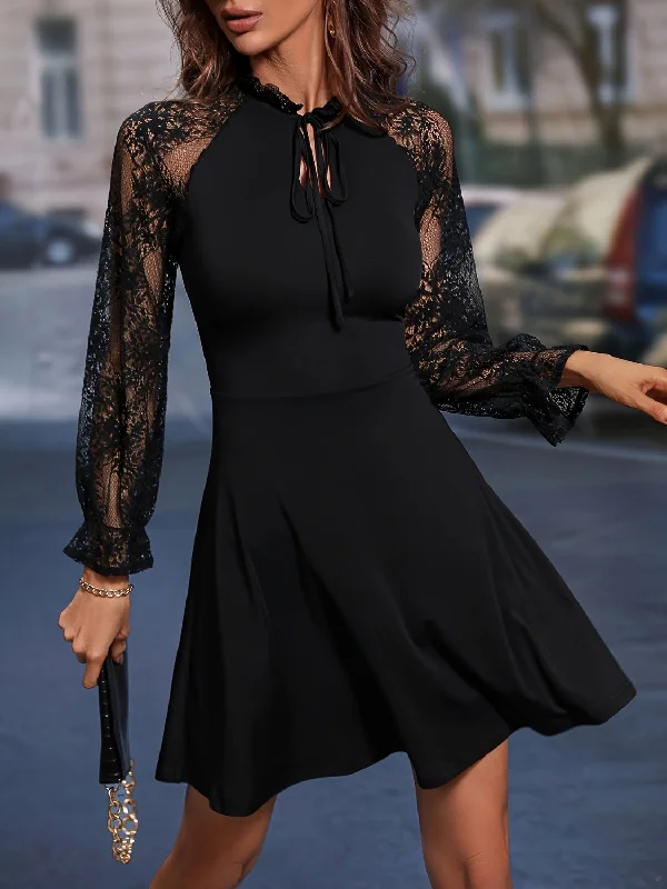 summer dressLace Tie Neck Flounce Sleeve Dress