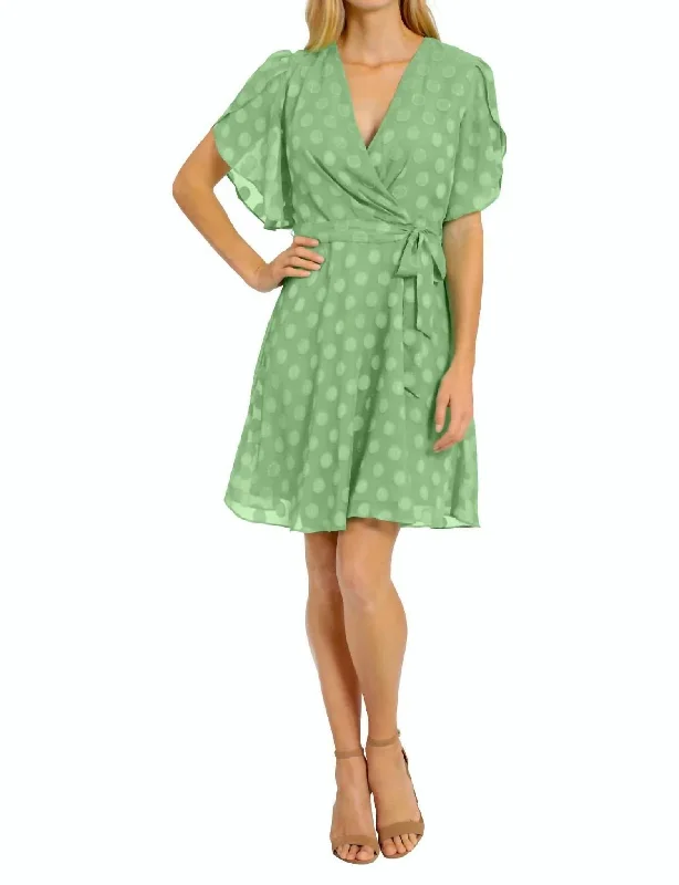 sophisticated dressCaillan Pleated Surplice Dress In Absinthe Green Polka Dot