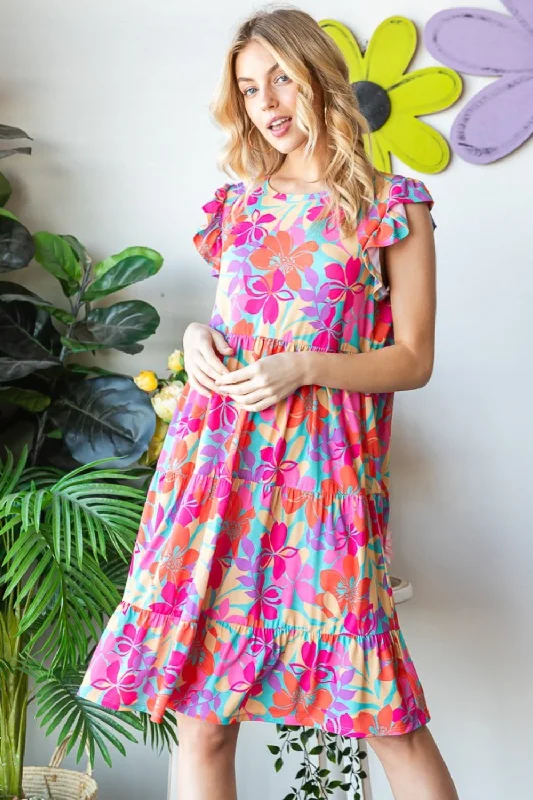 chic shift dressHeimish Full Size Floral Cap Sleeve Tiered Dress