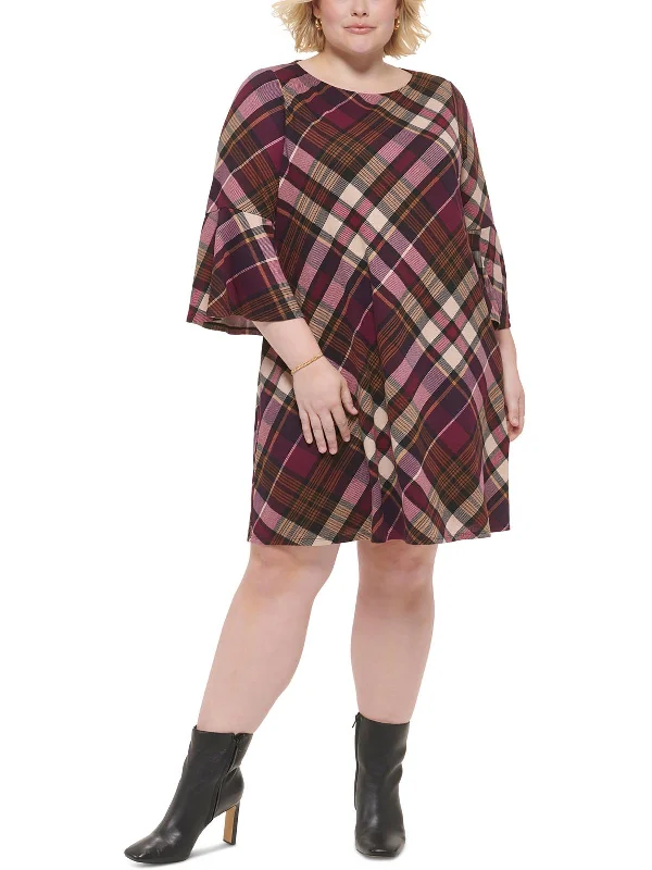 chic wrap dressPlus Womens Plaid Long Sleeves Shift Dress