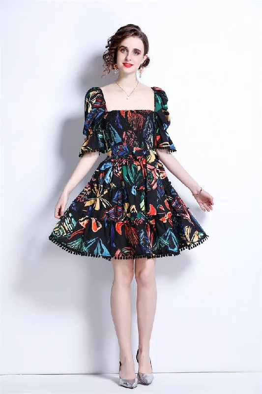 trendy bodycon dressBlack & Multicolor Print Day A-line Squareneck Elbow Sleeve Above Knee Dress