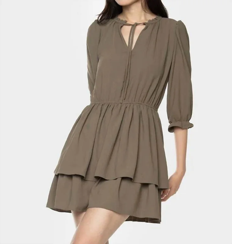 ashionable dressSmocked Tiered Dress In Khaki