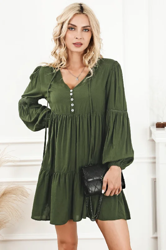 chic wrap dressTie Neck Long Sleeve Tiered Dress