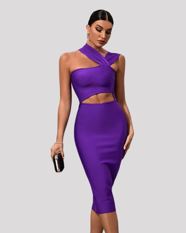 floral dressPurple Fitted Cocktail Dress with Waist Cut Out