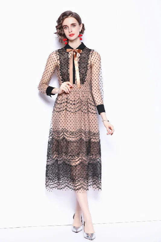 v-neck dressCamel & Black Cocktail A-line Shirt Colar Bracelet Midi Lace Dress