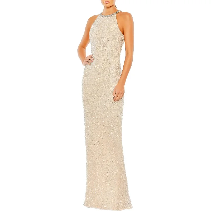 draped dressMac Duggal Womens Embellished Halter Evening Dress