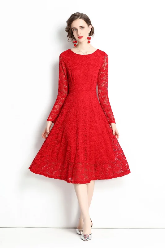 lace-up dressRed Evening Lace A-line Boatneck Long Sleeve Midi Classic Dress