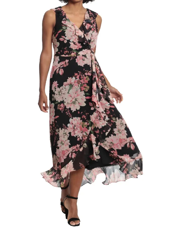 casual summer dressFloral Ruffled Chiffon Maxi Dress In Black/blush