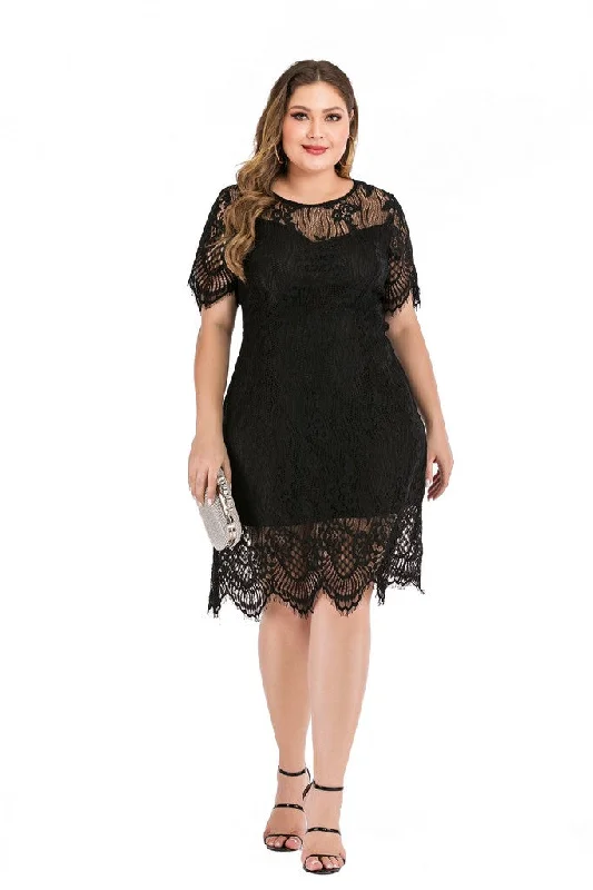 fitted bodycon dressBlack Evening Fitted Crewneck Short Sleeve Knee Lace Dress