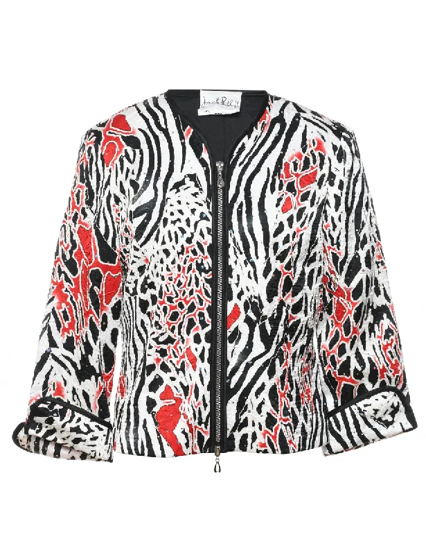 modern coatBlack, White & Red Abstract Pattern Sparkly Evening Jacket - M