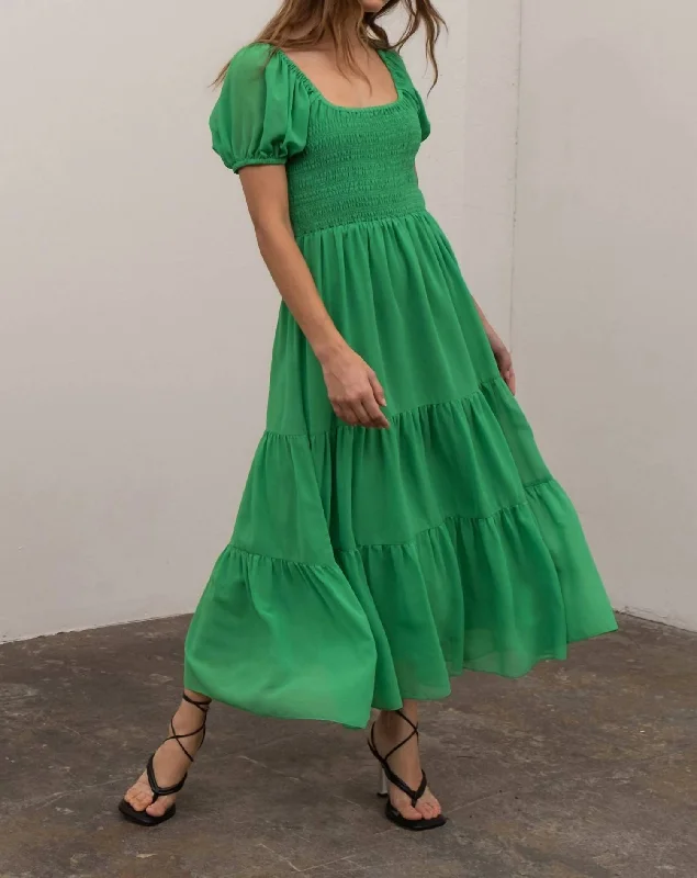 elegant shift dressPuff Sleeve Smocked Midi Dress In Green