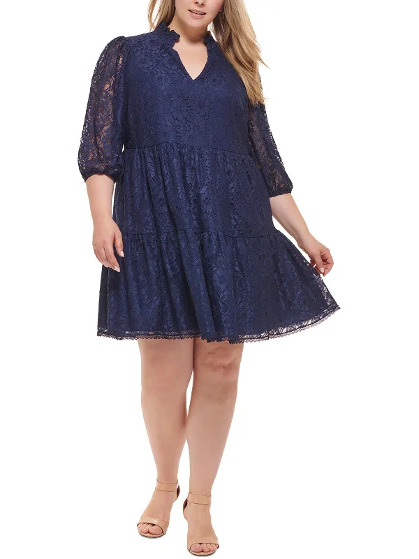 playful dressPlus Womens Lace Puff Sleeve Fit & Flare Dress