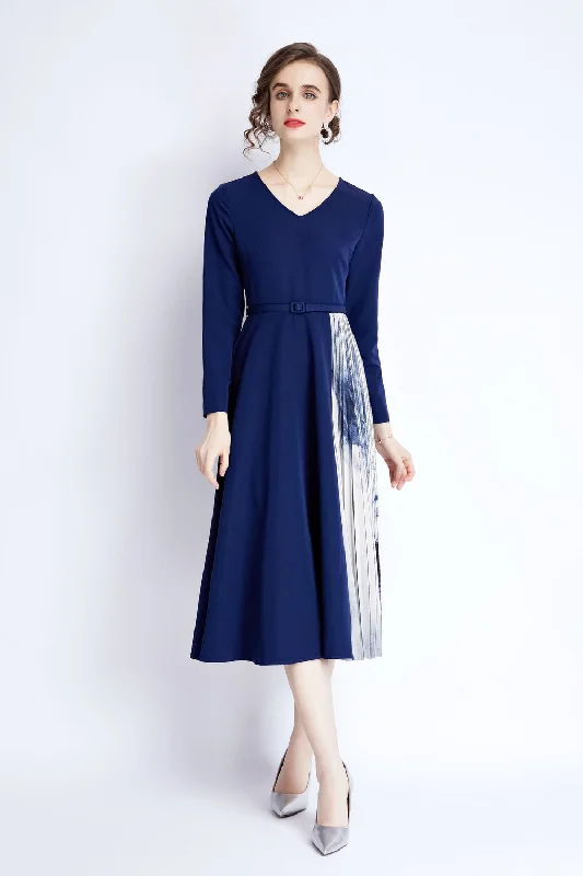 one-shoulder dressBlue Office A-line V-neck Long Sleeve Below Knee Dress