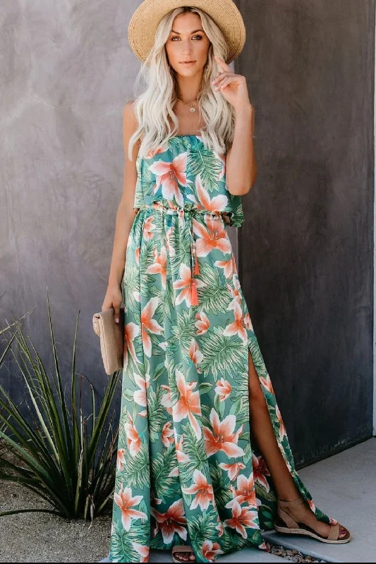 off-shoulder dressSlit Tropical Sleeveless Tube Dress