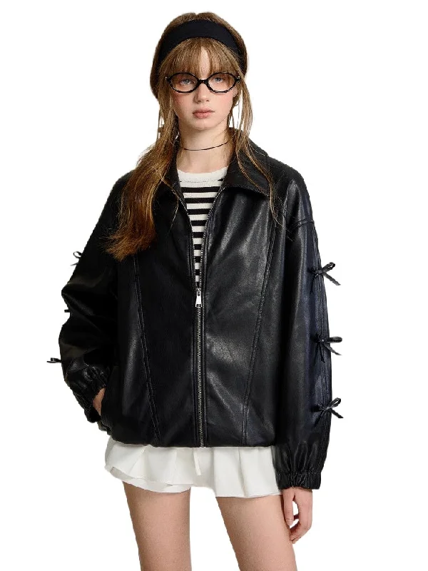 street style coatBlack Butterfly Knot Leather Jacket