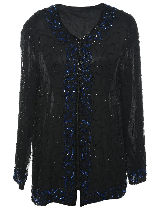 faux fur coatBeaded Black & Blue Evening Jacket - M