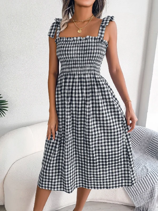 printed dressFrill Plaid Square Neck Midi Dress