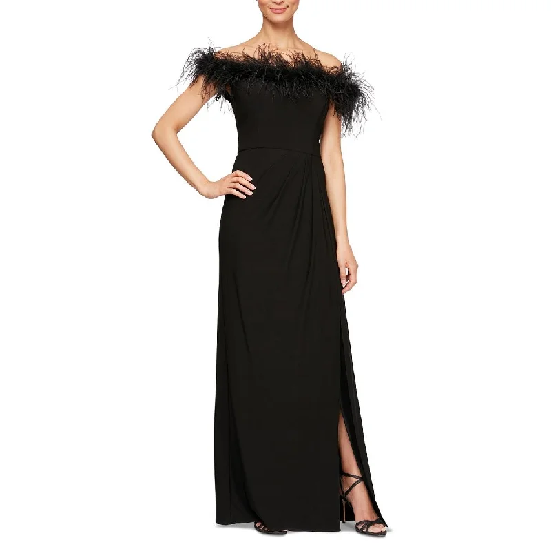 off-the-shoulder dressAlex Evenings Womens Feather Trim Boning Evening Dress