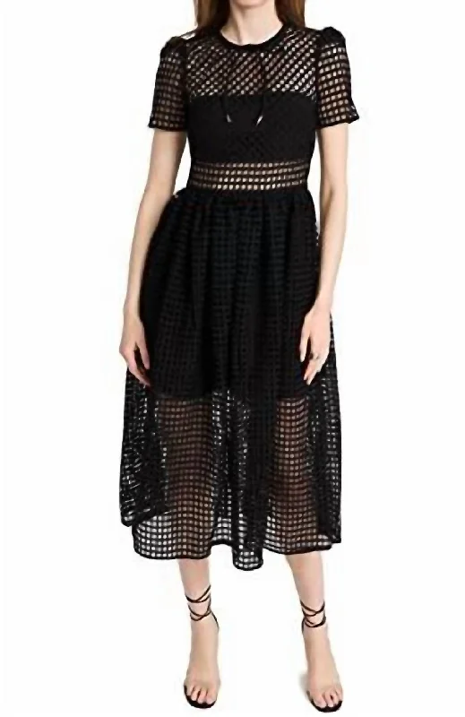 elegant dressGrid Round Neck Puff Sleeve Crochet Lace Midi Dress In Black