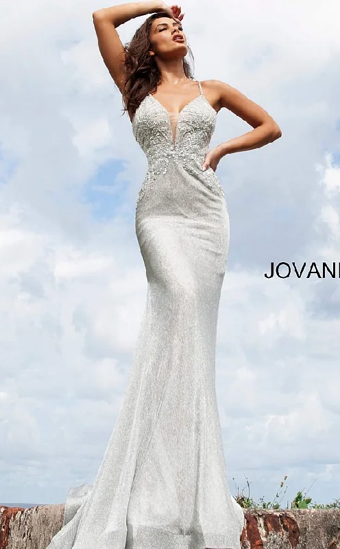 printed dressJovani JVN03167 Silver Lace Plunging Neckline Prom Dress Evening Gown Party Formal size 8