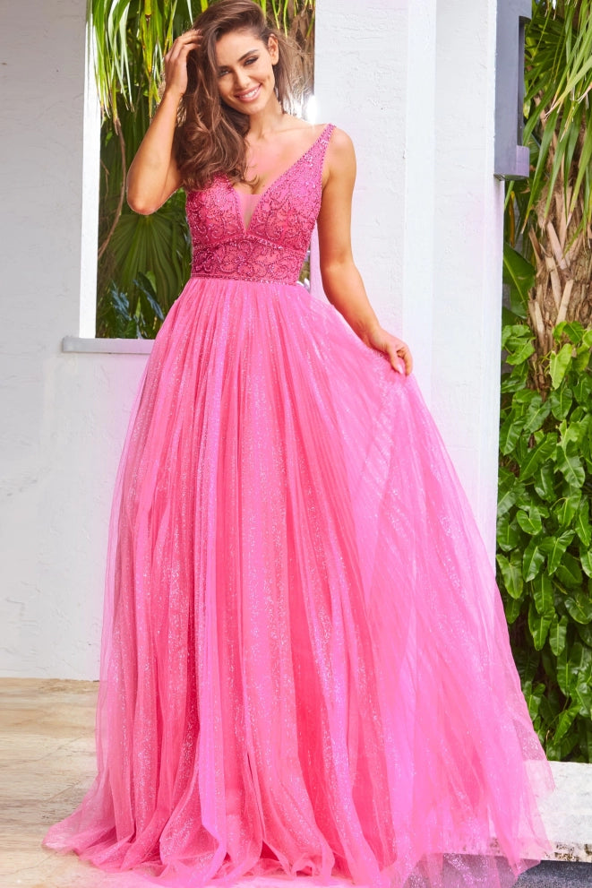 tiered dressJovani JVN05818 Fuchsia Prom Dress Long A Line Glitter Tulle Sheer V Neck Backless Embellished size 8