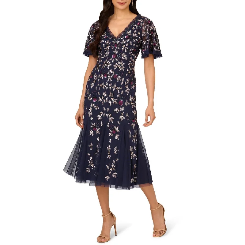 romantic dressAdrianna Papell Womens Mesh V-Neck Midi Dress