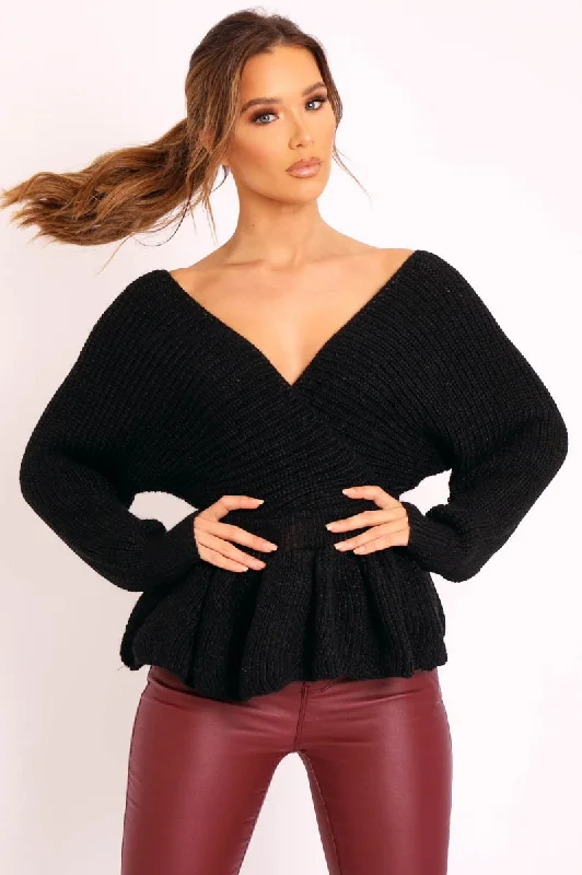 casual pullover for workoutBlack Knitted Wrap Front Plunge Peplum Jumper - Samara