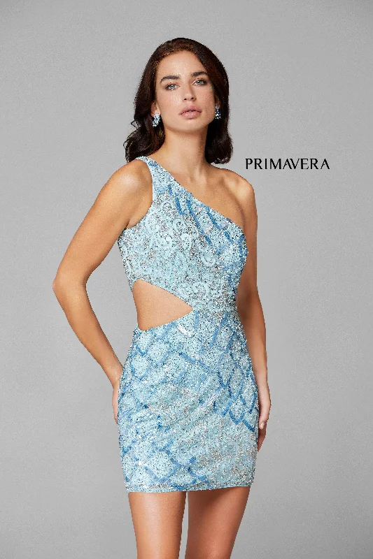 romantic dressPrimavera Couture 3504 Size 0 Powder Blue One shoulder Cut Out Embellished Cocktail Dress