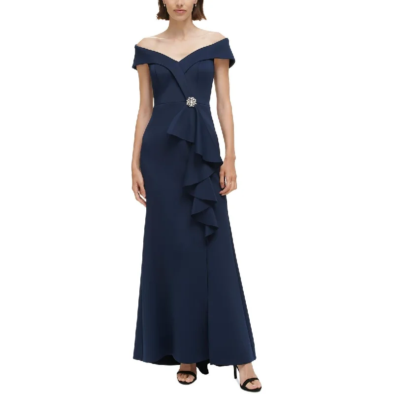 draped dressJessica Howard Womens Petites Off-The-Shoulder Ruffled Evening Dress