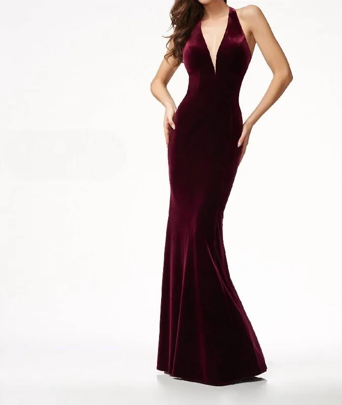 vintage-inspired dressVelvet Deep V Dress In Cranberry