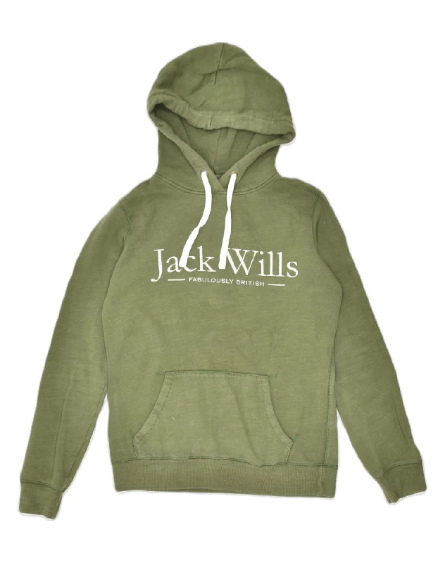 high-quality hoodieJACK WILLS Womens Graphic Hoodie Jumper UK 6 XS Green Cotton