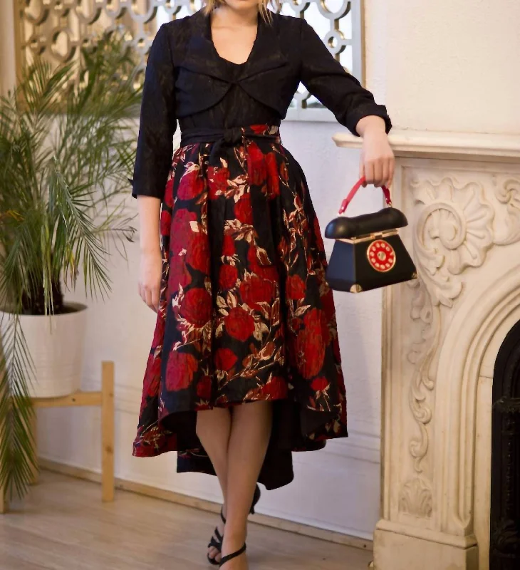 trendy mini dressBrocade Dress With Bolero Jacket In Black/red