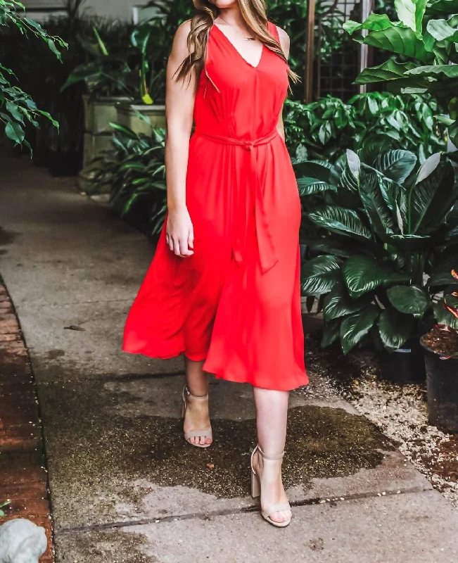 flowy evening dressRiley V-Neck Pleated Maxi Dress In Red