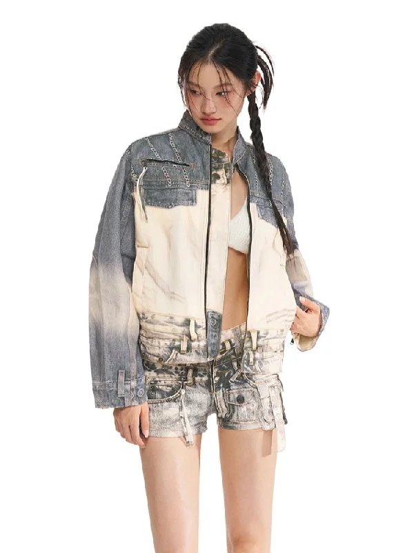 winter coatWashed Blue Full Print Denim Biker Jacket