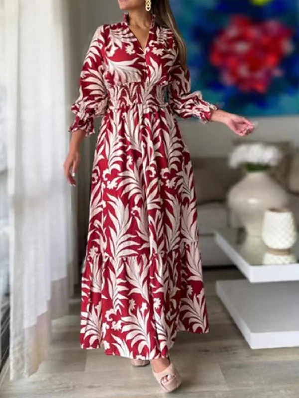 elegant dressPrinted Flounce Sleeve Maxi Dress