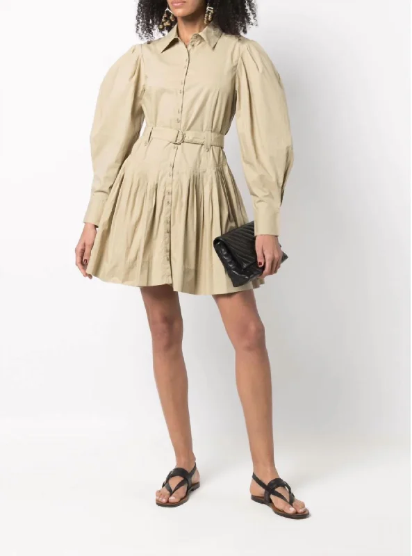 layered dressVivenne Cotton Pleated Belted Long Sleeve Mini Dress in Khaki