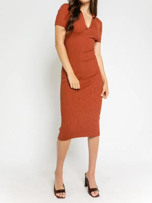 pleated dressKnit Collared Short Sleeve Ribbed Dress In Light Brown