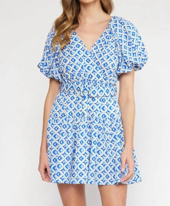 comfy dressV-Neck Puff Sleeve Mini Dress In Blue Geo Print