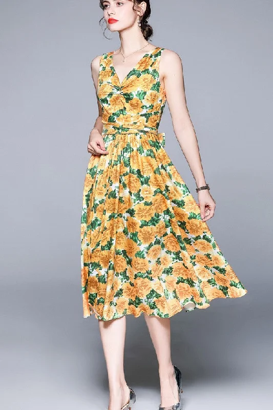 silk dressYellow & Green Day A-line V-neck Sleeveless Below Knee Floral Dress