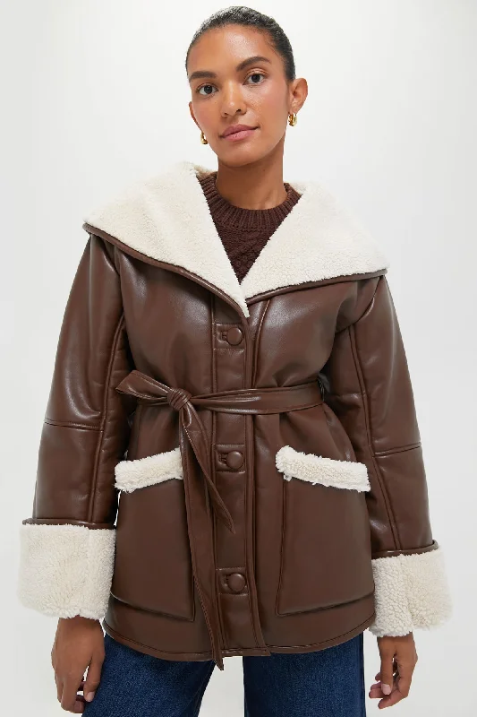 trendy bomber coatBrown and Ivory Vegan Leather Bonded Faux Fur Jacket