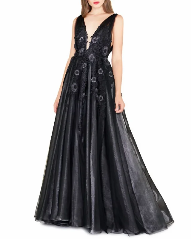 winter dressEmbroidered Shimmer Organza Ball Gown In Black