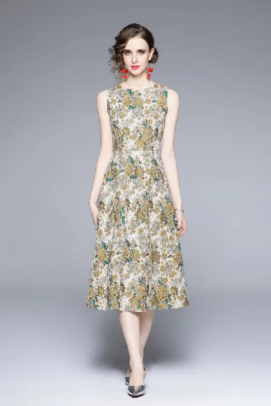 sophisticated dressMulticolor Day A-line Crewneck Sleeveless Midi Floral Dress