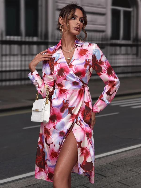 chic dressFloral Print Collared Neck  Slit Dress