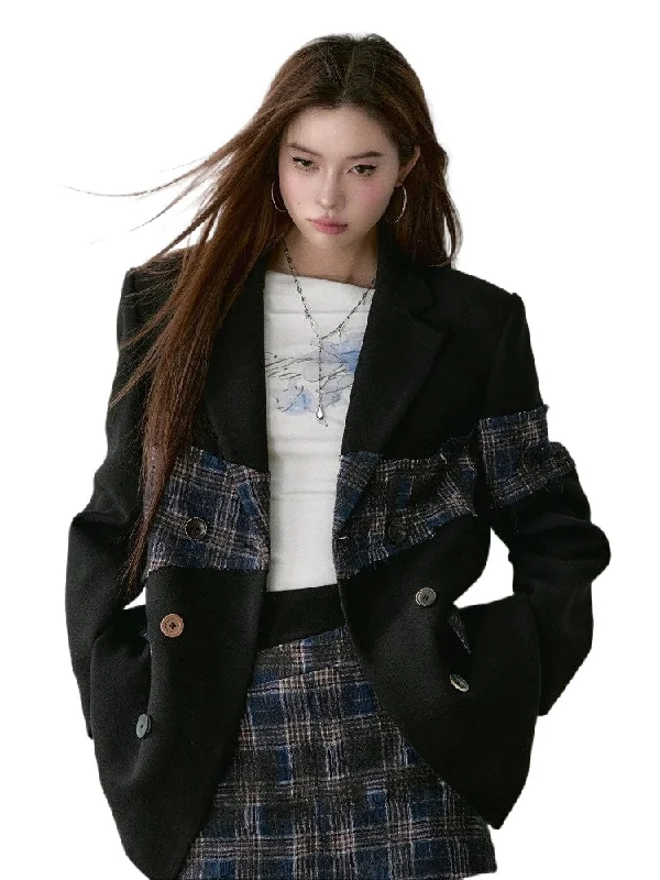 insulated winter jacketWool Plaid Patchwork Mid-Length Coat