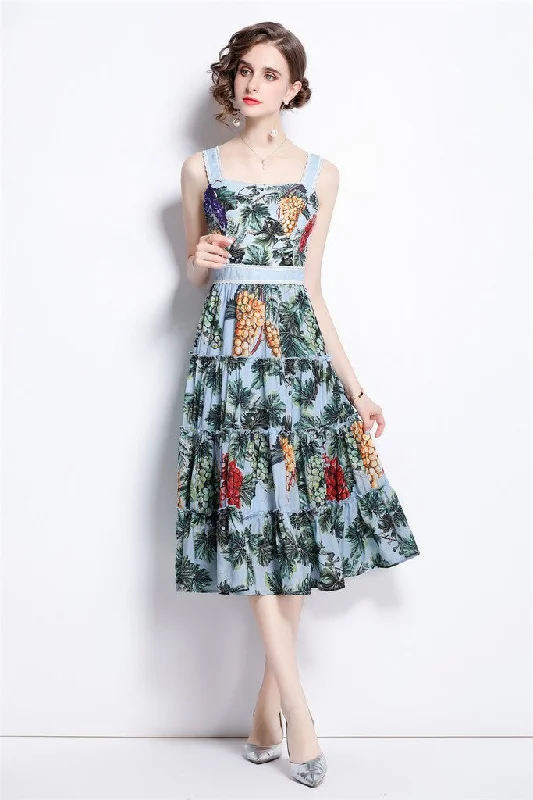 office dressMulticolor Day A-line Off The Shoulder Strap Midi Printed Ruffled Dress