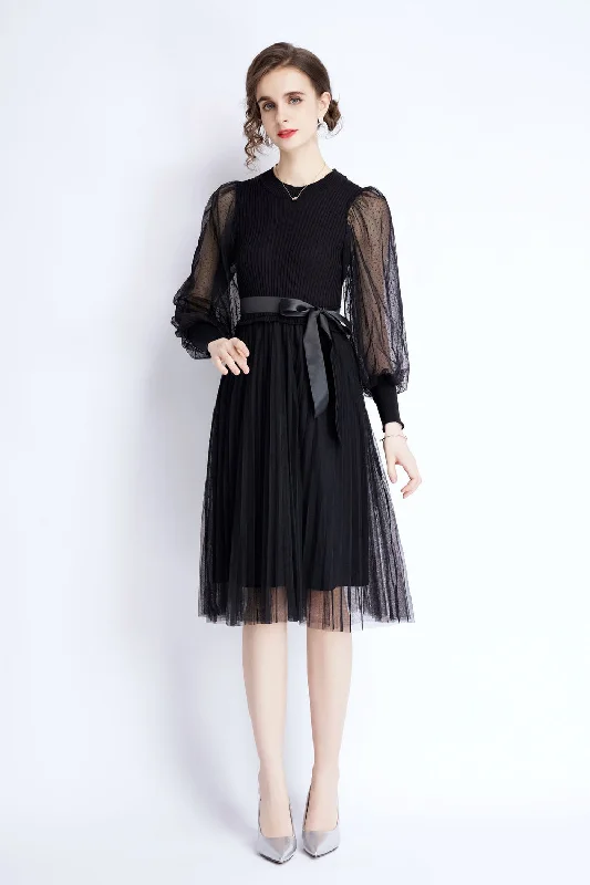 wrap-around dressBlack Evening A-line Crewneck Long Sleeve Knee Lace Dress